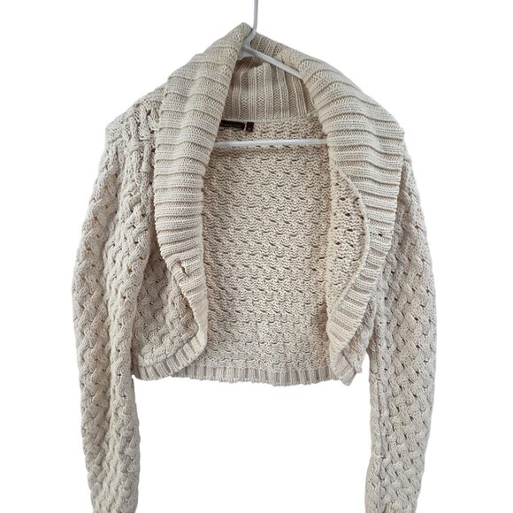 525 America Women's Cardigan Sweater Fisherman Knit Open Front Crop Cream Size M - Picture 3 of 6